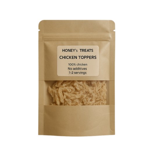 Package of Honey's Treats Chicken Toppers on a white background